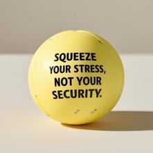 stress ball that says squeeze your stress, not your security